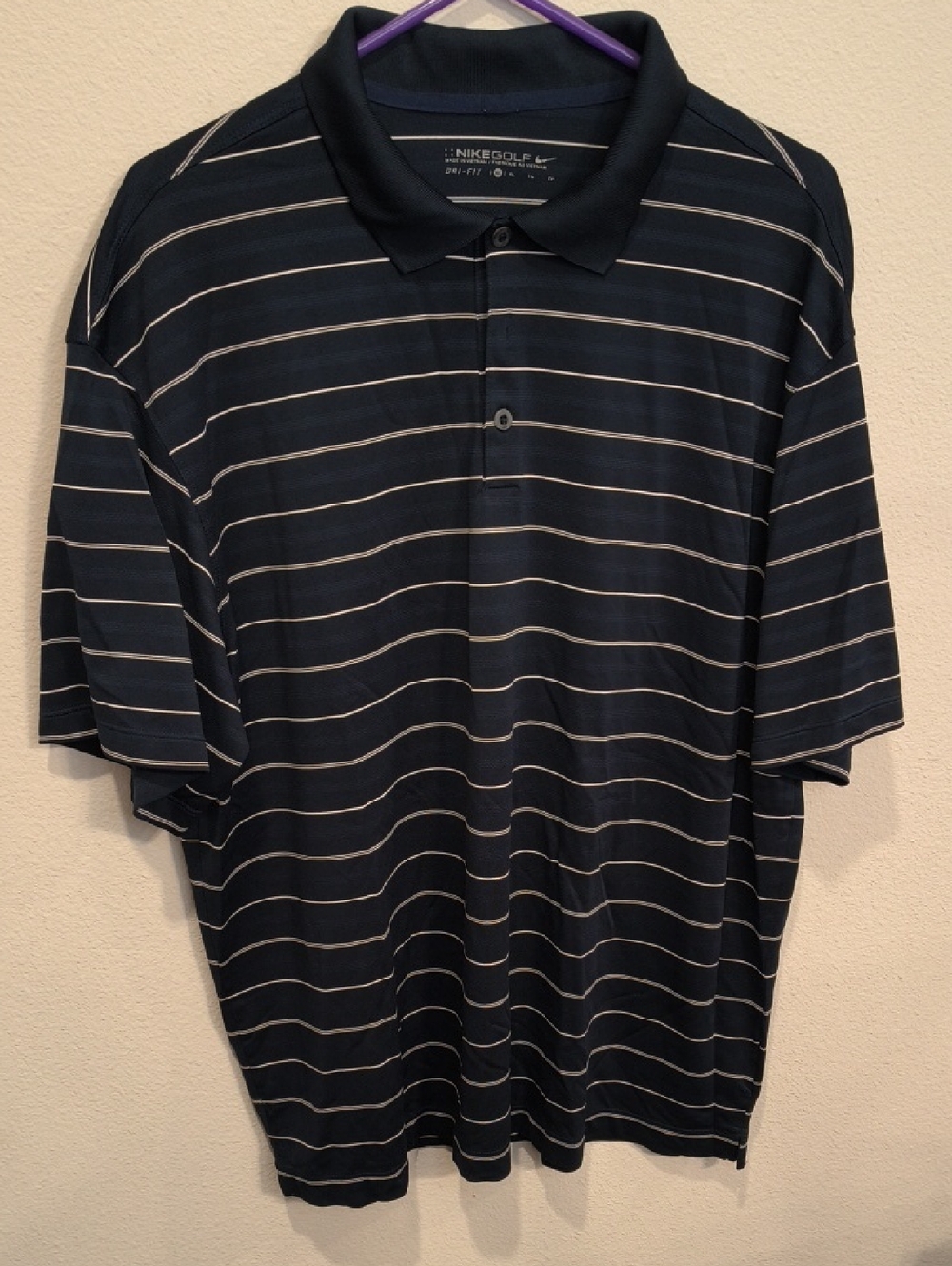 Nike Navy Polo with Thin White Stripes Golf Drifit Men's XL
